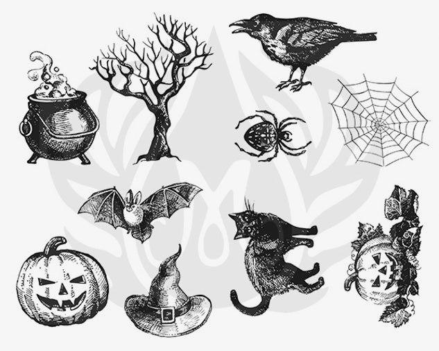 Šablona na sítotisk Mayco DSS-118 Halloween – dýně, klobouk, netopýr a pavučina