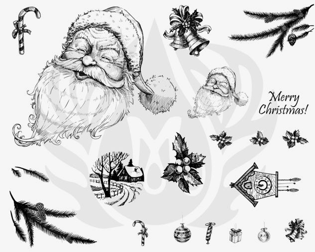 Šablona na sítotisk Mayco DSS-133 Merry Christmas – Santa Claus, zvonky, cesmína a jehličí